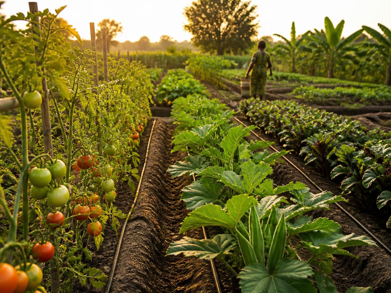 Planches de maraîchage en lignes avec tomates, courges et légumes-feuilles au coucher du soleil
